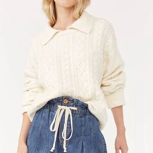 Free People bohemian cotton blend Cream Cable Knit Turtleneck Sweater